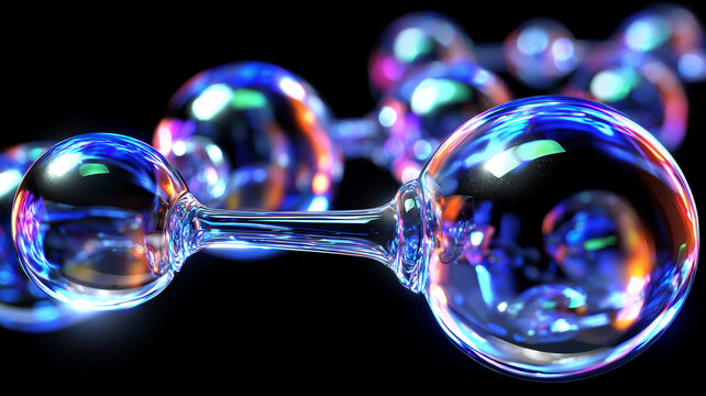A glass molecular structure with connected spheres and bonds represents nanotechnology, scientific research, chemical innovation, and the exploration of advanced materials.
