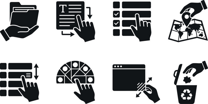 Set of user interface gestures and data management pitch black solid silhouette vector icons isolated on white background