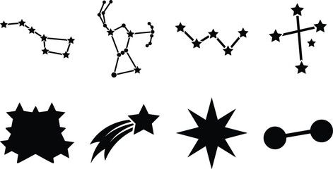 Star constellations and astronomy elements black silhouettes set featuring big dipper orion cassiopeia shooting star vector illustration © Robiul