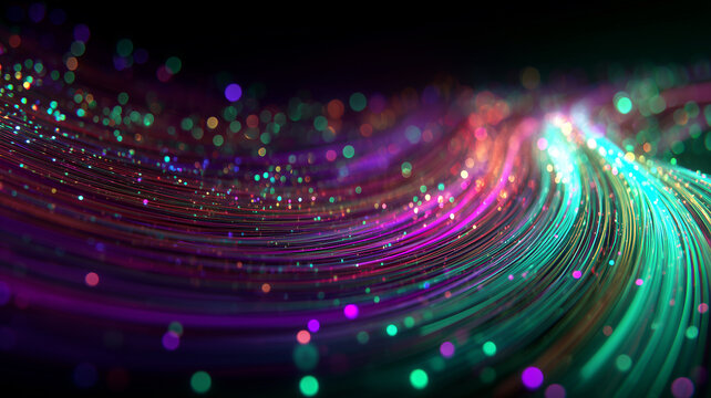 Flowing fiber optic light trails with sparkling particles depict high speed data transmission, symbolizing digital communication, global connectivity, and future network technology.
