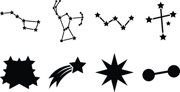 Star constellations and astronomy elements black silhouettes set featuring big dipper orion cassiopeia shooting star vector illustration