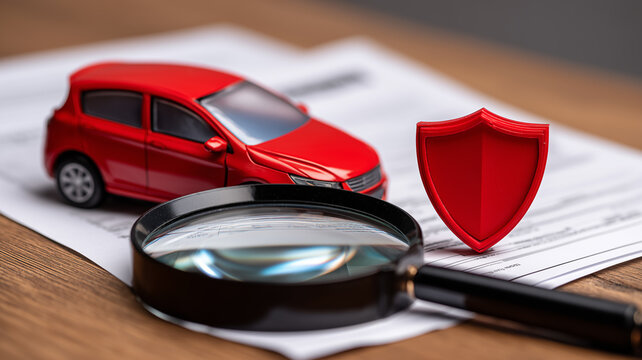A car model beside a shield and magnifying glass on documents depicts vehicle insurance review, symbolizing coverage verification, risk assessment, and financial protection.
