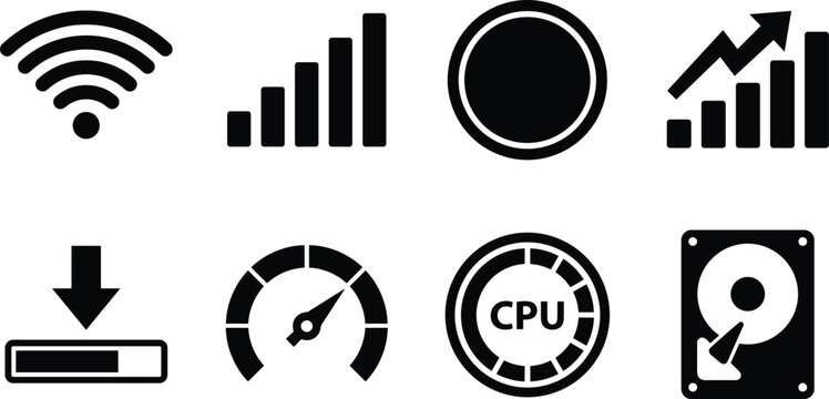 Technology and computer performance icons black silhouettes set isolated on white background for web and app interface vector illustration