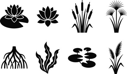 Obraz premium Aquatic Plants Silhouette Set, Water Lily, Lotus Flower, Reeds and Pond Vegetation Icon Collection