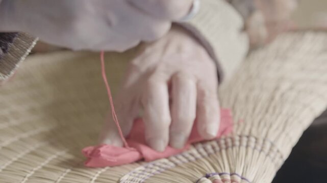 Hands Sewing Bon Odori Hat by Hand in Ugo Town Akita Prefecture Japan