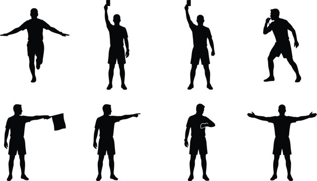 Soccer Referee Silhouette Gestures Set with Match Officiating Signals, Red Card, Whistle and Assistant Referee Flag Vector Collection