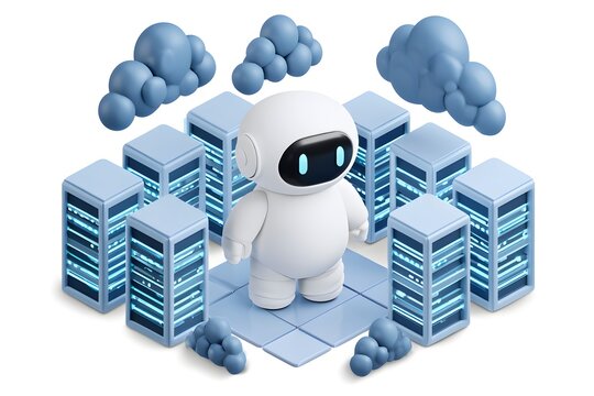 Cute AI Robot with Cloud Computing and Data Storage Concept in Isometric 3D Illustration