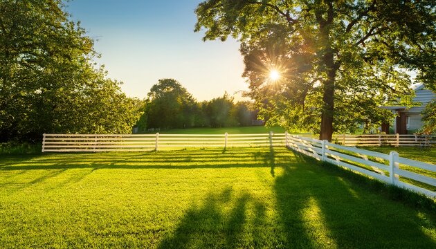 sunlit garden lawn with white fence and long summer shadows