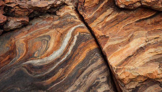 Close up view of weathered sandstone rock formations with intricate swirling patterns and layered textures in shades of brown, orange, and grey