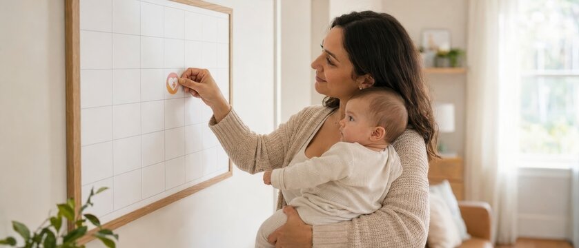 Mother holding baby places vaccination reminder on blank monthly planner in a cozy home