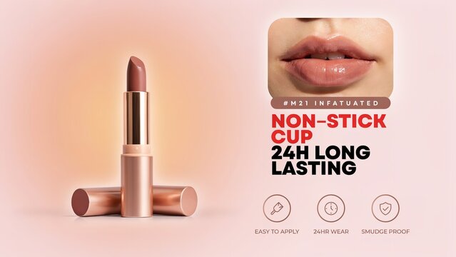   
Lipstick cosmetic advertisement nude shade metallic pink casing close up lips long lasting smudge proof water resistant vector design