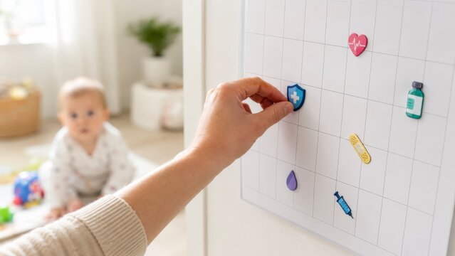 Close up calendar with colorful vaccination magnets as a parent reaches toward it with a softly blurred baby in a modern home