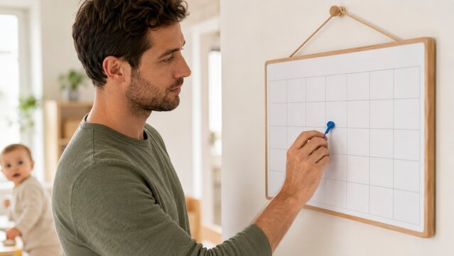 father checks baby's pediatric appointment schedule on a minimalist wall calendar in a bright clean home