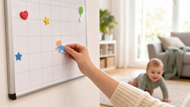 Parents capture infant first crawl on calendar using magnets in a bright cozy home