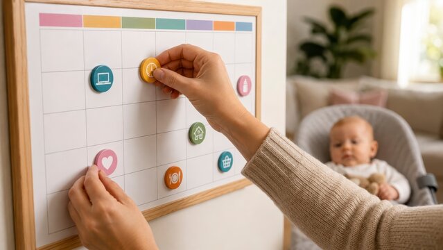 Close up of hands placing colorful magnets on a weekly planner beside a baby in a cozy home interior