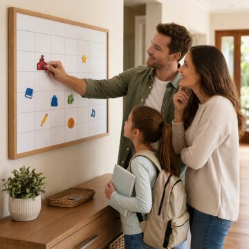 Family planning at home with a monthly calendar board and colorful magnets in a cozy living space