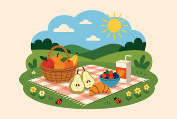 Naklejka premium Scenic summer picnic layout with a basket of fruits, croissant, berries, and juice on a blanket under the sun.
