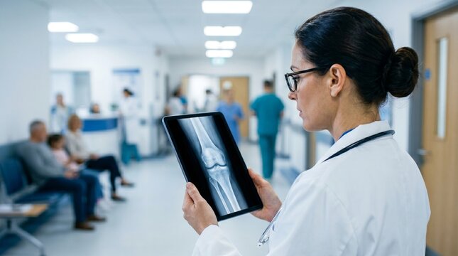 Woman doctor holding tablet with knee x-ray in hospital hallway. Physician reviewing orthopedic medical scan on digital screen.