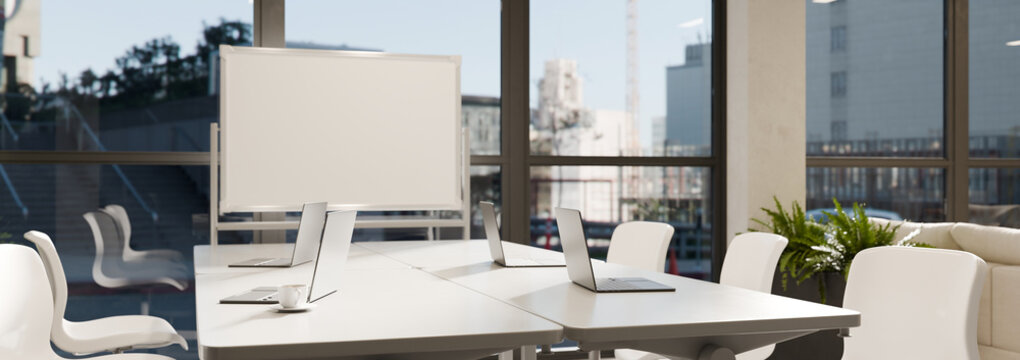 3D Illustration of Modern Office Workplace Conference Room with Laptops, Whiteboard, and City View
