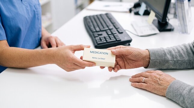 Pharmacist handing medication box to senior woman in drugstore. Professional healthcare service for elderly patient.