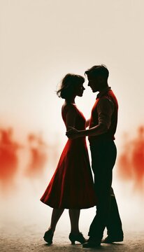 Couple dancing in bright studio with blurred class in background and clean upper space