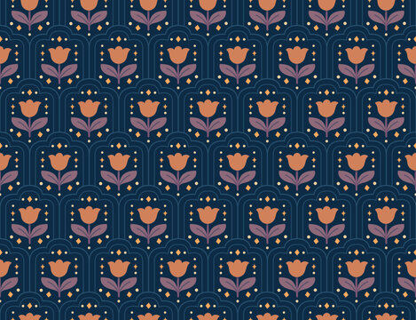 Cute geometric floral art deco pattern. Seamless stylized flower background. Modern retro textile print.