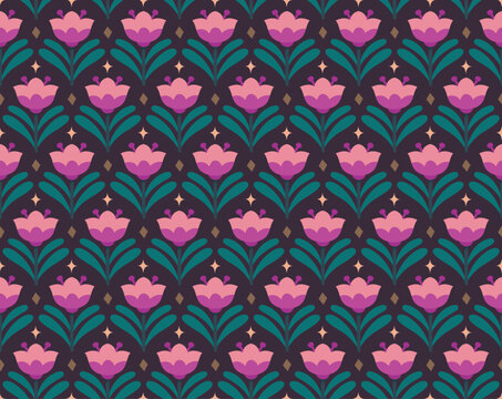 Cute geometric floral art deco pattern. Seamless stylized flower background. Modern retro textile print.