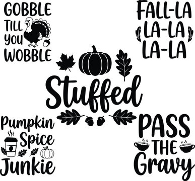 Set of five funny thanksgiving and autumn themed typography quotes with pumpkins and fall leaves