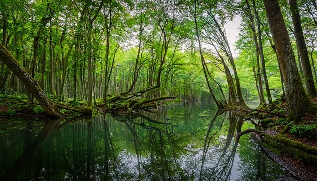 Lake Surrounded By Dense Alder Forest With Tree Trunks And Branches Reflecting On Its Surface