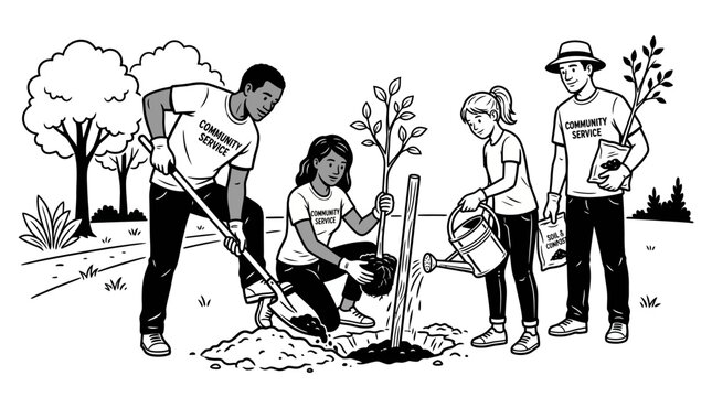 A group of diverse volunteers planting trees together in an outdoor park for community service depicted in a black and white line art illustration