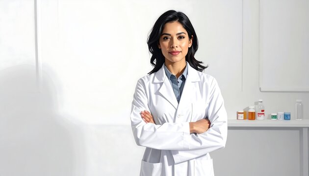 Portrait of a woman with crossed arms, wearing a white lab coat, in a sterile environment