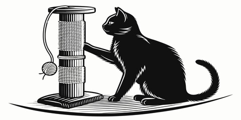 Black cat scratching tall sisal post, isolated on white scratching post sisal rope © Rabbi