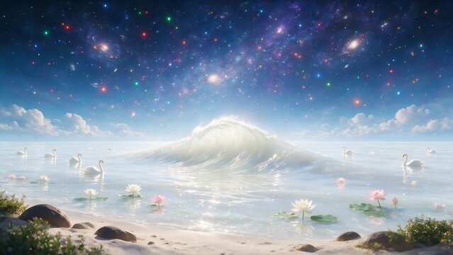 Divine Cosmic Ksheer Sagar Ocean of Milk with Lotus Flowers and White Swans