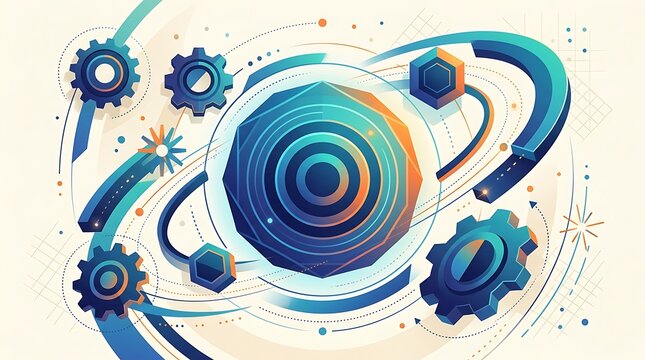 Abstract futuristic mechanism with geometric gears and orbiting paths