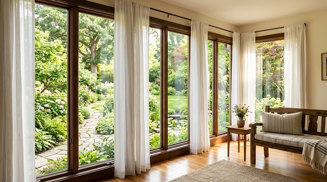 Bright sunroom with large windows overlooking a lush garden