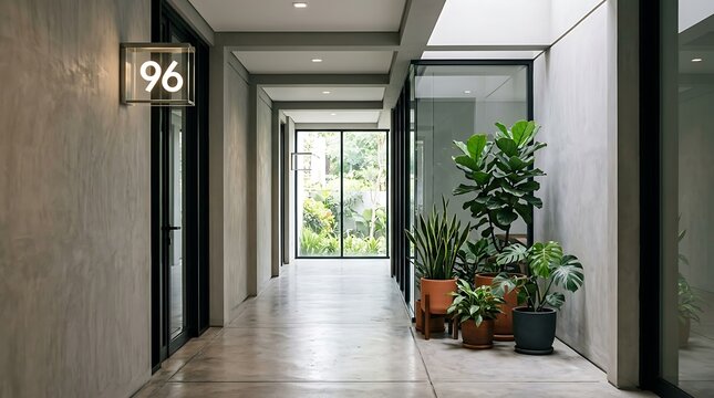 Modern minimalist concrete hallway with indoor plants and garden view