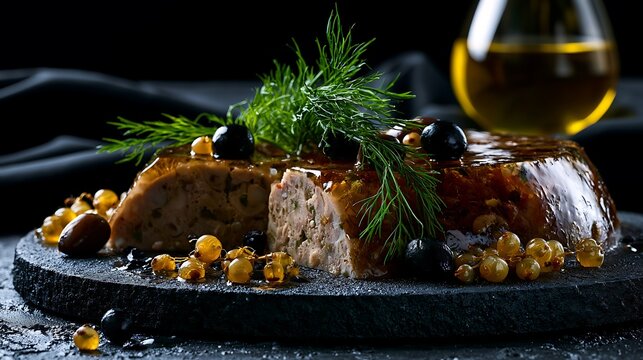 Traditional Russian kholodets aspic on stone plate. Savory meat jelly dish with fresh herbs.