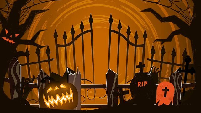 Spooky Halloween Graveyard Background With Glowing Pumpkin