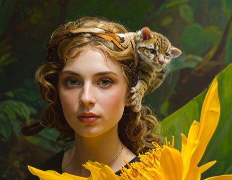 Portrait of a woman with curly hair adorned with feathers, an ocelot cub on her shoulder, and a large yellow flower