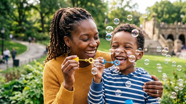 Joyful mother and son blowing bubbles together in a sunny park with a blurred background of trees and architecture