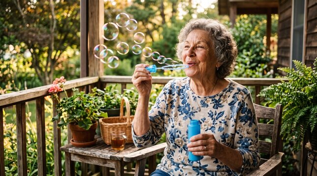 Joyful elderly woman blowing bubbles on a sunny porch surrounded by greenery