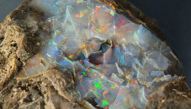 Close-up of raw opal gemstone embedded in brown rock matrix showing iridescent flashes of green, red, and blue light on its surface