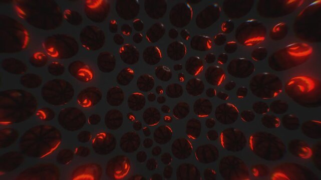 Glowing Halloween jack o lanterns float and rotate in a dark void in a seamless 3D animation loop for spooky holiday backgrounds