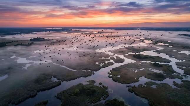 Flock of birds flying over misty wetlands at sunrise