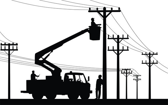 Electrical power line maintenance vector illustration, utility workers repairing overhead transmission poles, bucket truck engineering service silhouette collection design
