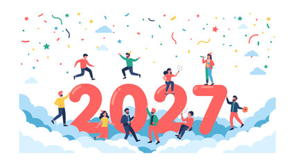 Fototapeta premium New Year Celebration 2027: People joyfully celebrate the arrival of 2027 amidst a shower of confetti and clouds, symbolizing hope and new beginnings.