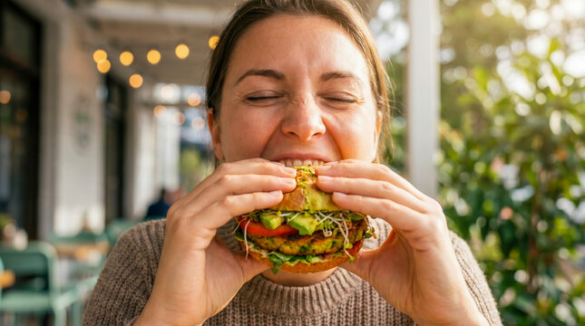 Happy young woman enjoying a delicious fresh vegetable burger at an outdoor restaurant.