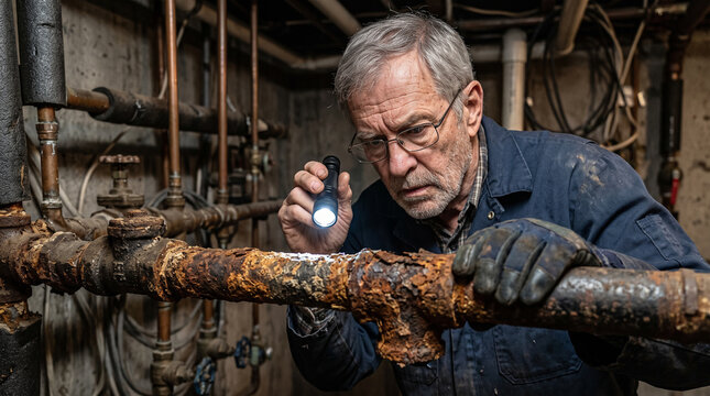 Experienced plumber inspects severely rusted and corroded water pipes with a flashlight in a basement