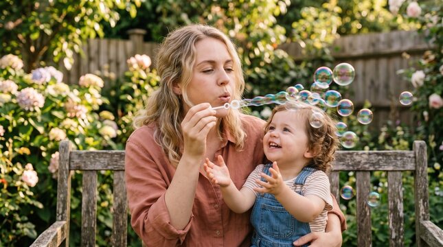 Mother blowing bubbles for her happy toddler in a lush garden on a sunny day