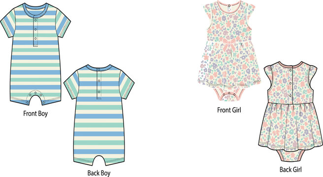 Baby Clothing Technical Flat Sketch Vector Set Featuring Striped Romper and Floral Dress Bodysuit